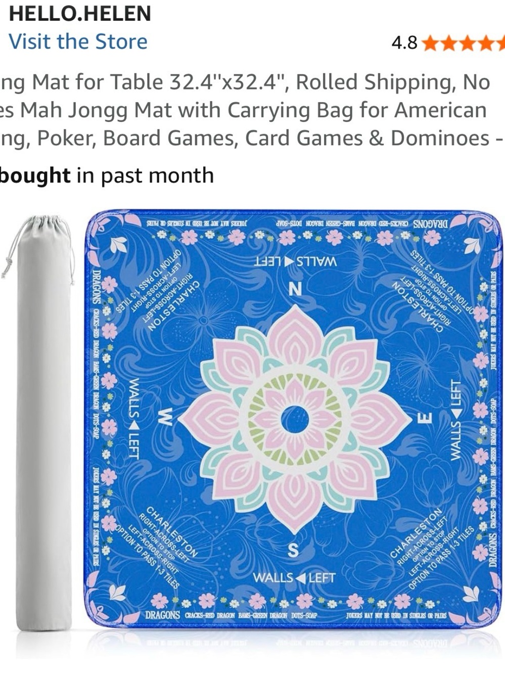 NWT- Blue Floral Mahjong/Table Game Mat